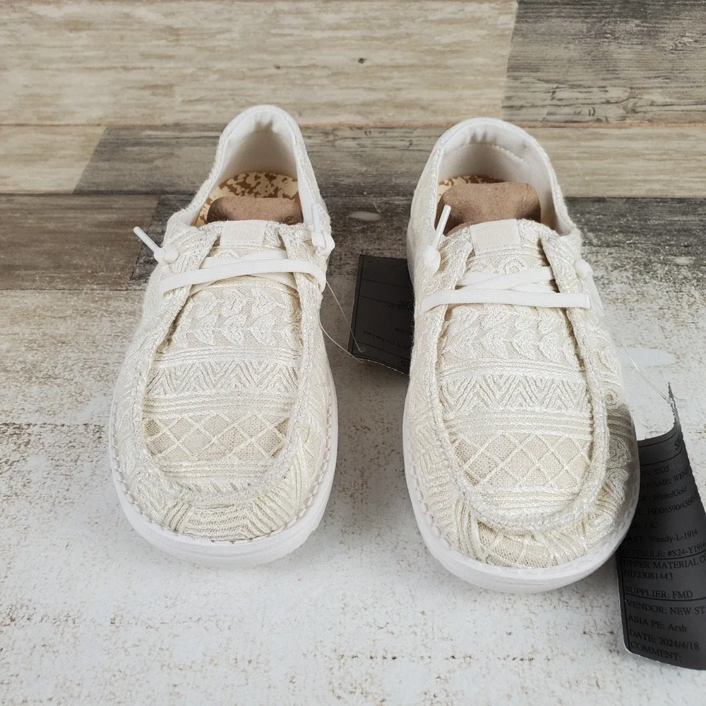 Hey Dude Wendy Crochet Lace Kids Loafers Shoes Sz 13 C13 White Gold Round Toe